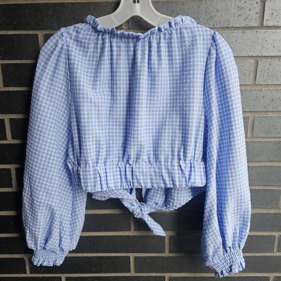 Zara Women's Blue & White Gingham Prairie Boho Cottage Crop Top Tie Front Size M - Picture 14 of 14